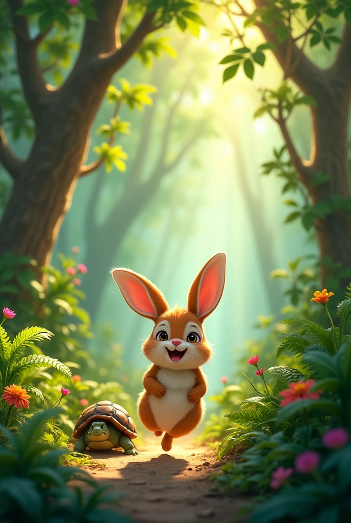A cheerful rabbit, Ruby, hopping through a bright, green forest. Trees and flowers surround her.
Ruby is a rabbit, Tilly is a turtle, and the background is jungle