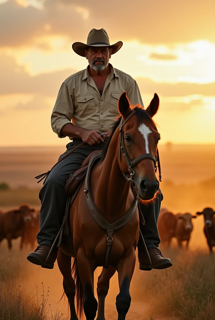 50 year old strong and stocky Pantanal cattle herder, dark close-shaven beard, brazileiro, Light brown bun hair, sunburned skin, cowboy hat, mounted on horseback ,light eye, realisitic, farm and cattle background