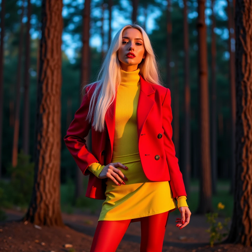 A girl with long white hair,wearing a yellow 80s vibe mini skirt,an 80s red structured oversized mini blazer,a yellow turtleneck blouse from the 80s,red 80s tights,a red jump,I want her with yellow and red nails,I want the background with pine trees and the night I want it very sexy