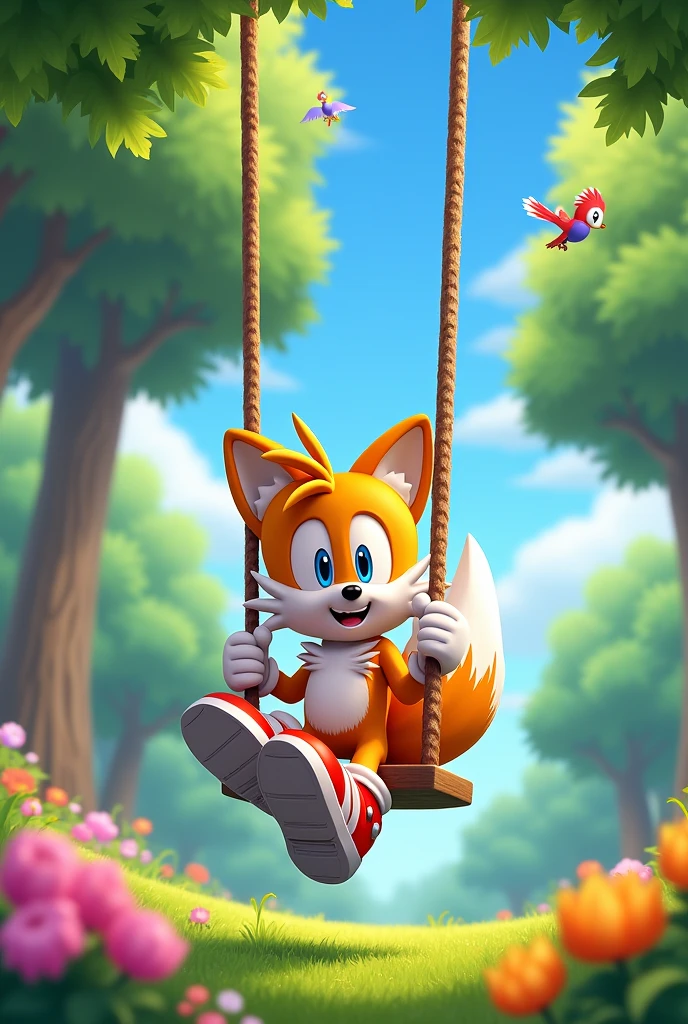 Animation Tails sitting a swing with his shoes and gloves on 
