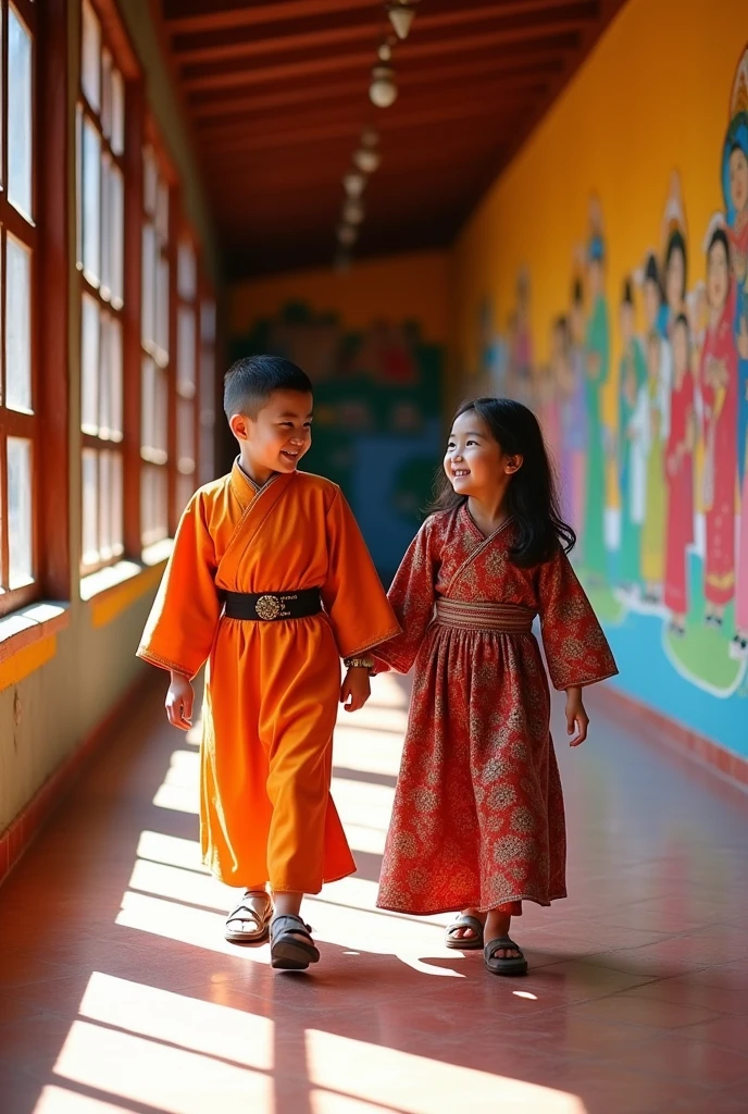 A boy and a girl walking in the hallway towards their classroom in Bhutanese national dress