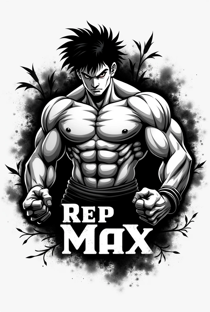 Logo with the character from the anime Baki Hanma and the word RepMax in black and white colors