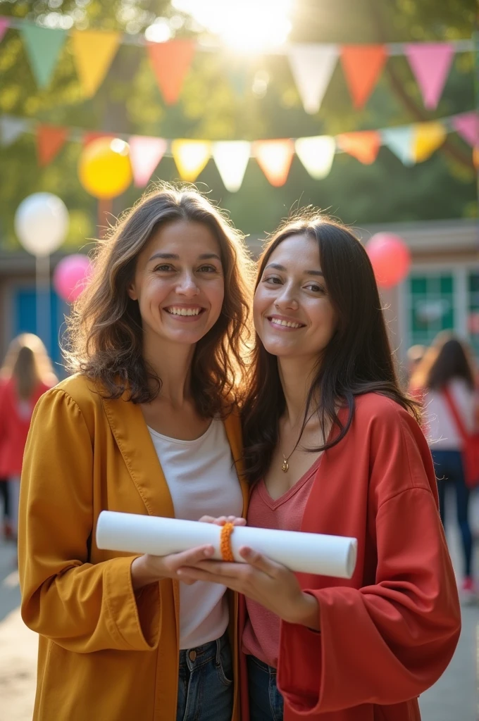 Draw a mom with her daughter holding a diploma 