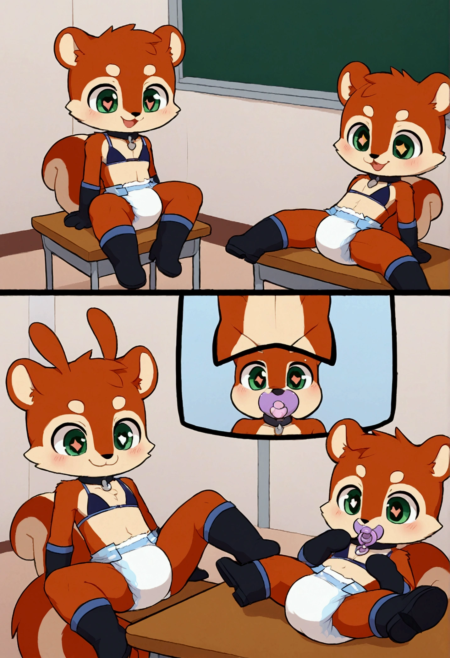 boy, squirrel, furry, bodyfur, tail, collar, bra, bottomless, gloves, boots, chibi, sparkling eyes, happy, full body, classroom, spread legs, sitting, on table, legs up, blush, diaper, pacifier