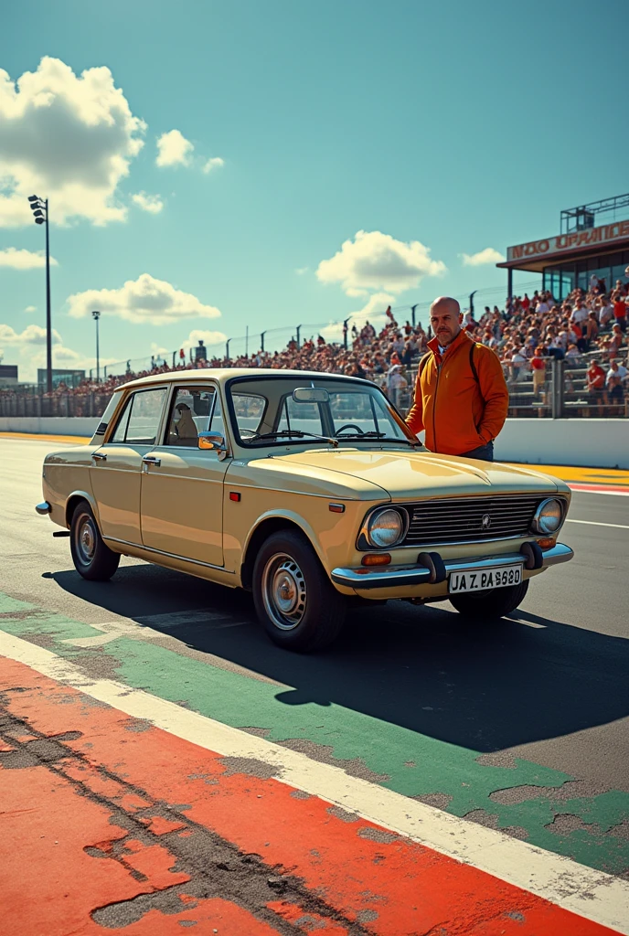 Lada 2109 beige color, in a race track, does not start ,next to a bald man with cartouche on the head