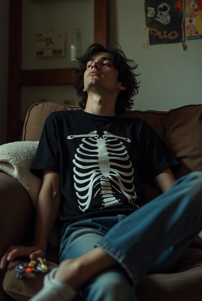 bored person wearing t-shirt with skeleton design