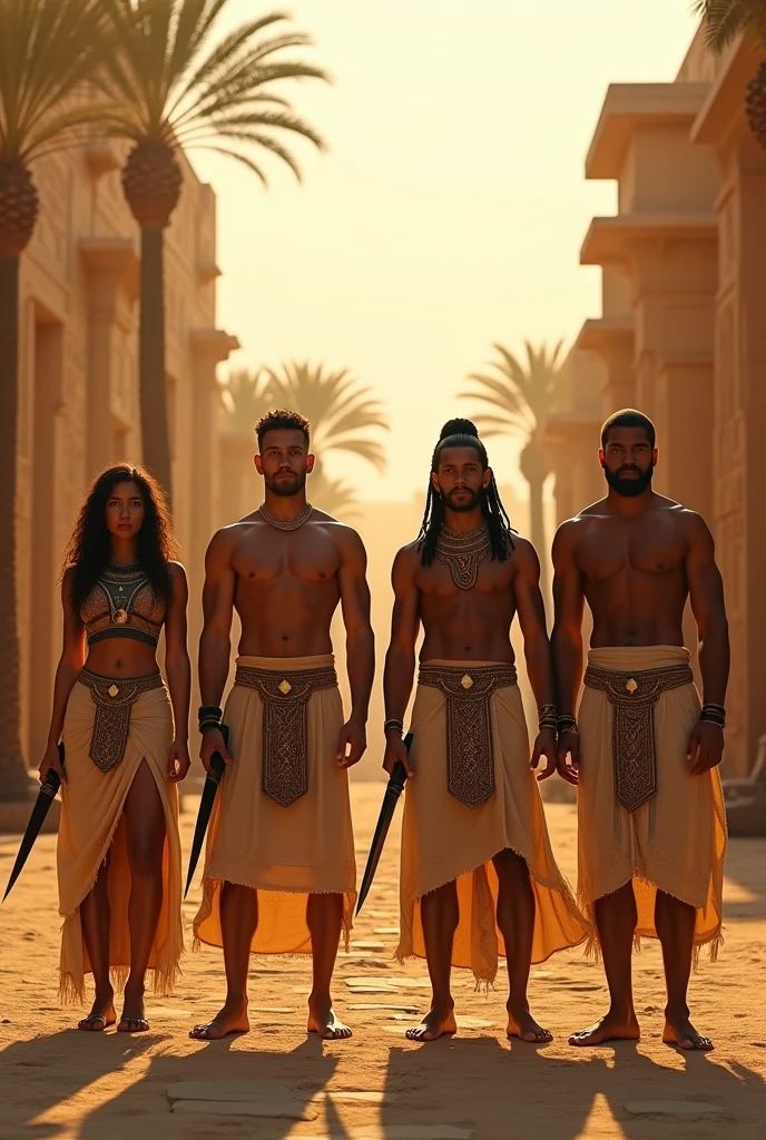 Ancient Egyptian city with 4 guards facing the camera two female two male black weapons