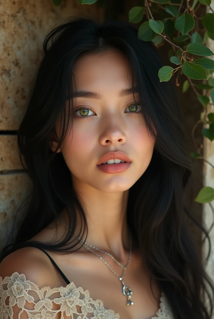 20 years girl , aesthetic appearance , oval face, green eyes, long black hair and white skin::5, selfie, she wears a silver necklace, selfie::5, rustic::3, by josephine wall::4, by roberto ferri::5