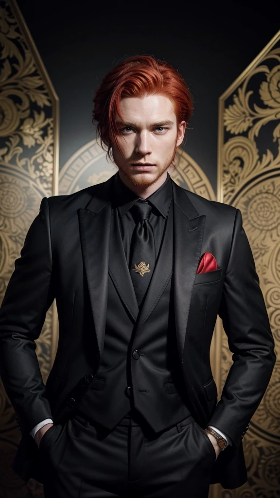Red-haired man in a black suit with many golden designs on the suit 