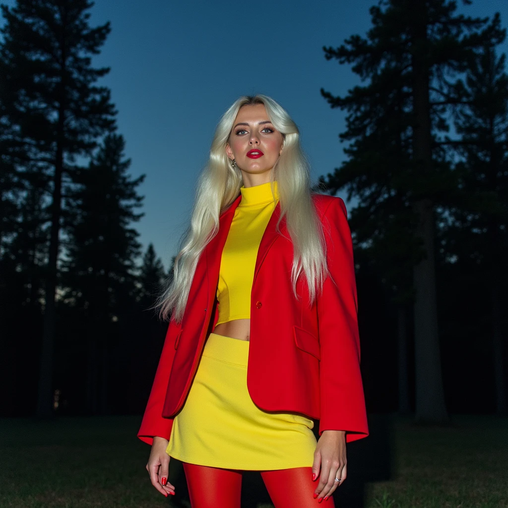 A girl with long white hair,wearing a yellow 80s vibe mini skirt,an 80s red structured oversized mini blazer,a yellow turtleneck blouse from the 80s,red 80s tights,a red jump,I want her with yellow and red nails,I want the background with pine trees and night ,I want sexy