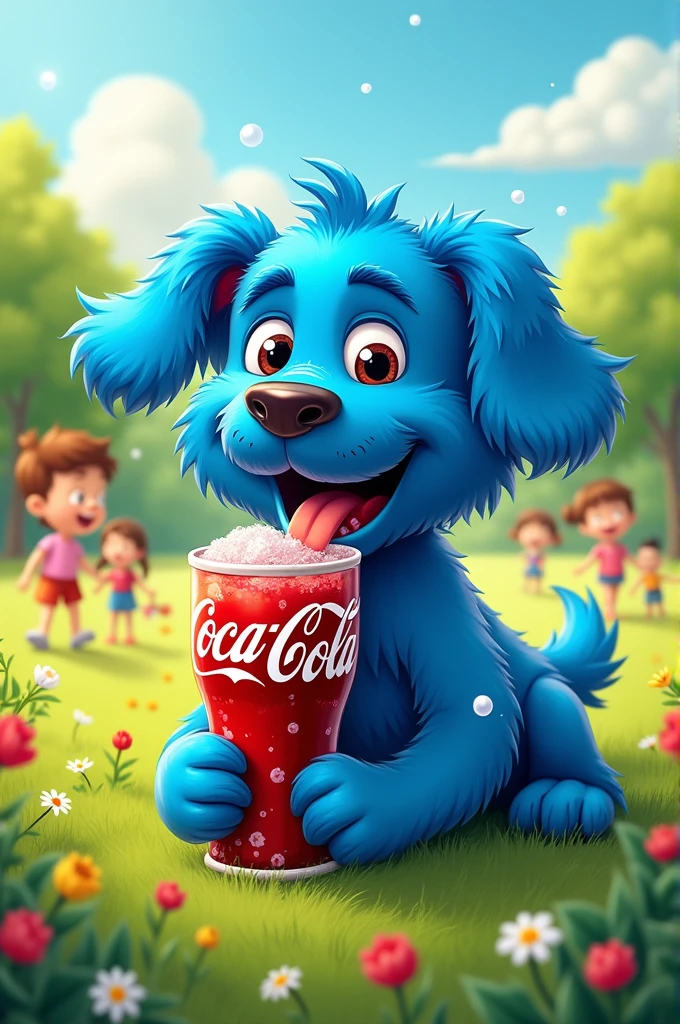 A blue dog drinking coca cola
