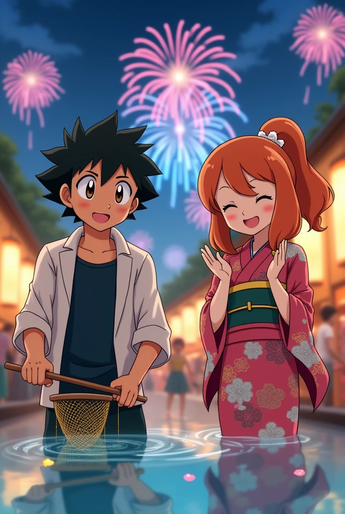 Ash and Misty anime drawing, wearing traditional Japanese clothes. Both are at a Japanese festival at night. Misty has orange hair.

Make Ash playing a fishing game with a paper net while Misty cheers him on.

Let Ash&#39;s eyes be brown.