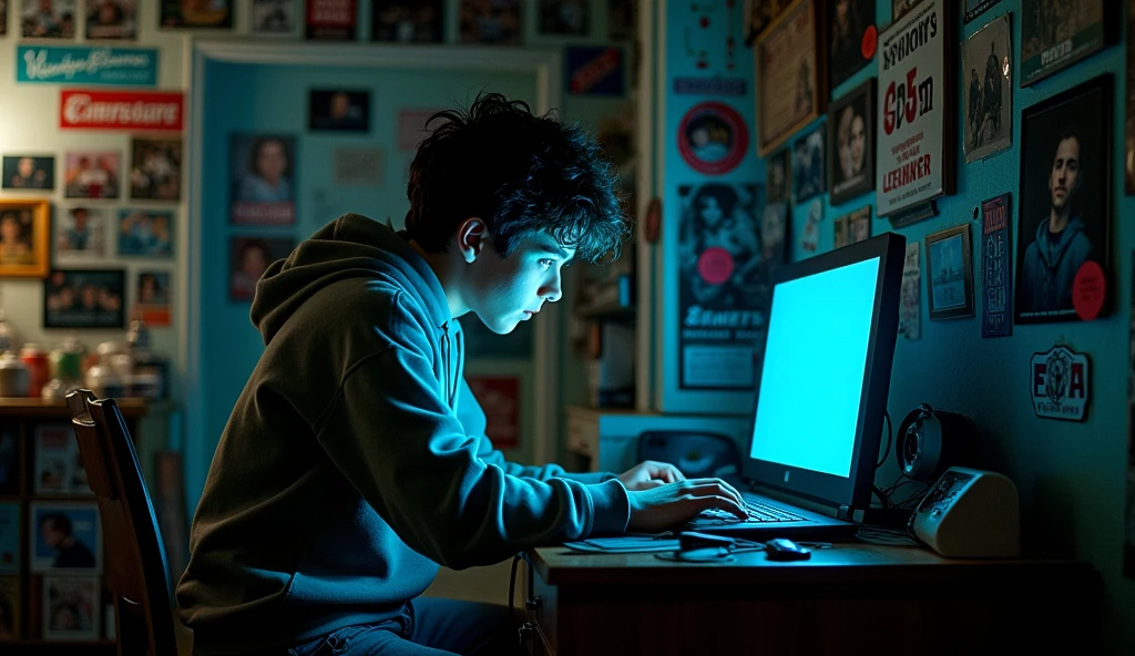 A darkened bedroom filled with posters of bands and sports teams, with cluttered shelves and a computer glowing ominously on a desk. Jake, a teenage boy with a brooding expression, sits at the computer, typing furiously. He wears a hoodie and jeans, his face partially obscured by the shadows. Behind him, there are photos of Ethan with red circles drawn around them, indicating his obsession with revenge