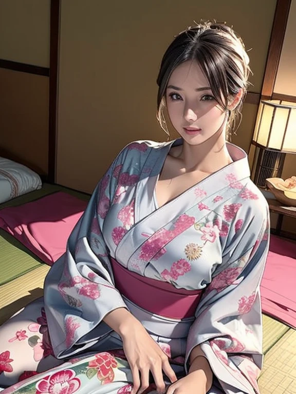 (Highest quality, masterpiece:1.2), Very detailed, (Realistic, photo-Realistic:1.37), intricate skin detail, Moist eyes, Japanese hot springs旅館で時間を満喫する, Japanese-style room, Futon spread on tatami mats, Japanese futon, Japanese hot springs, Delicate facial features, Whimsical atmosphere, Very detailed目と顔, Long eyelashes, Beautiful attention to detail, Beautiful lip detail, One person, photoRealistic, 4K, 8k, High resolution, Browsing Caution:1.6, (((yukata))), A little bit, shoulder, Thighs, Cleavage, (((Looking into the camera))), (((Seductive expression)))