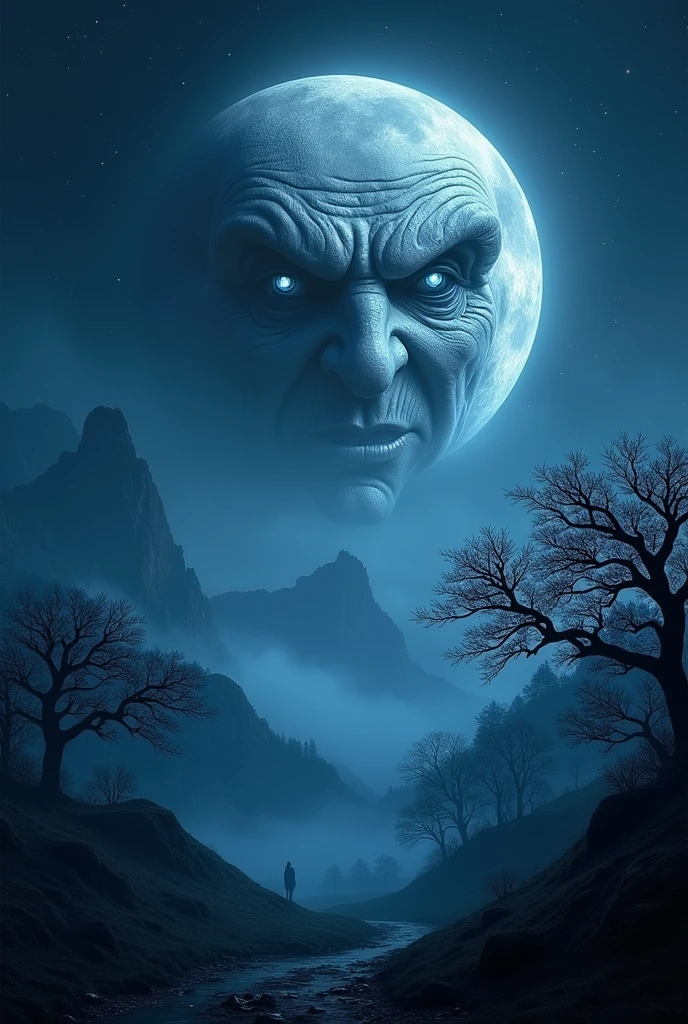 A landscape with a moon in the background, its face grim, staring intently at me
