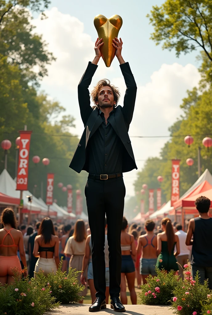 A tall, thin man with brown hair at a ceremony raising a golden vagina statue.