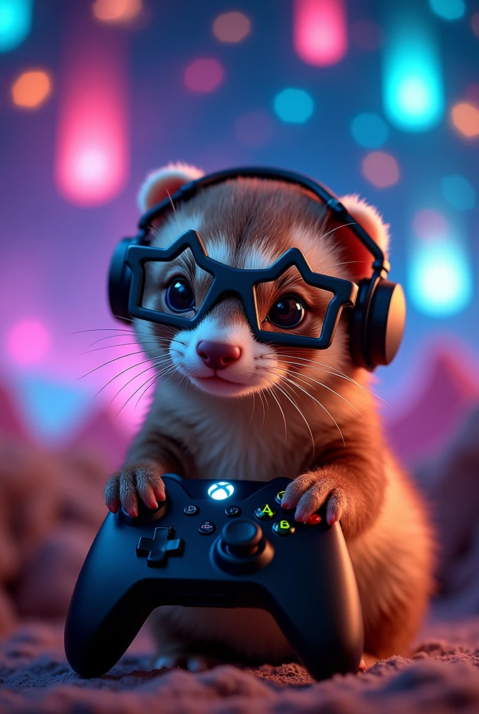 a brown furry ferret with a gaming headset and 2D star glasses