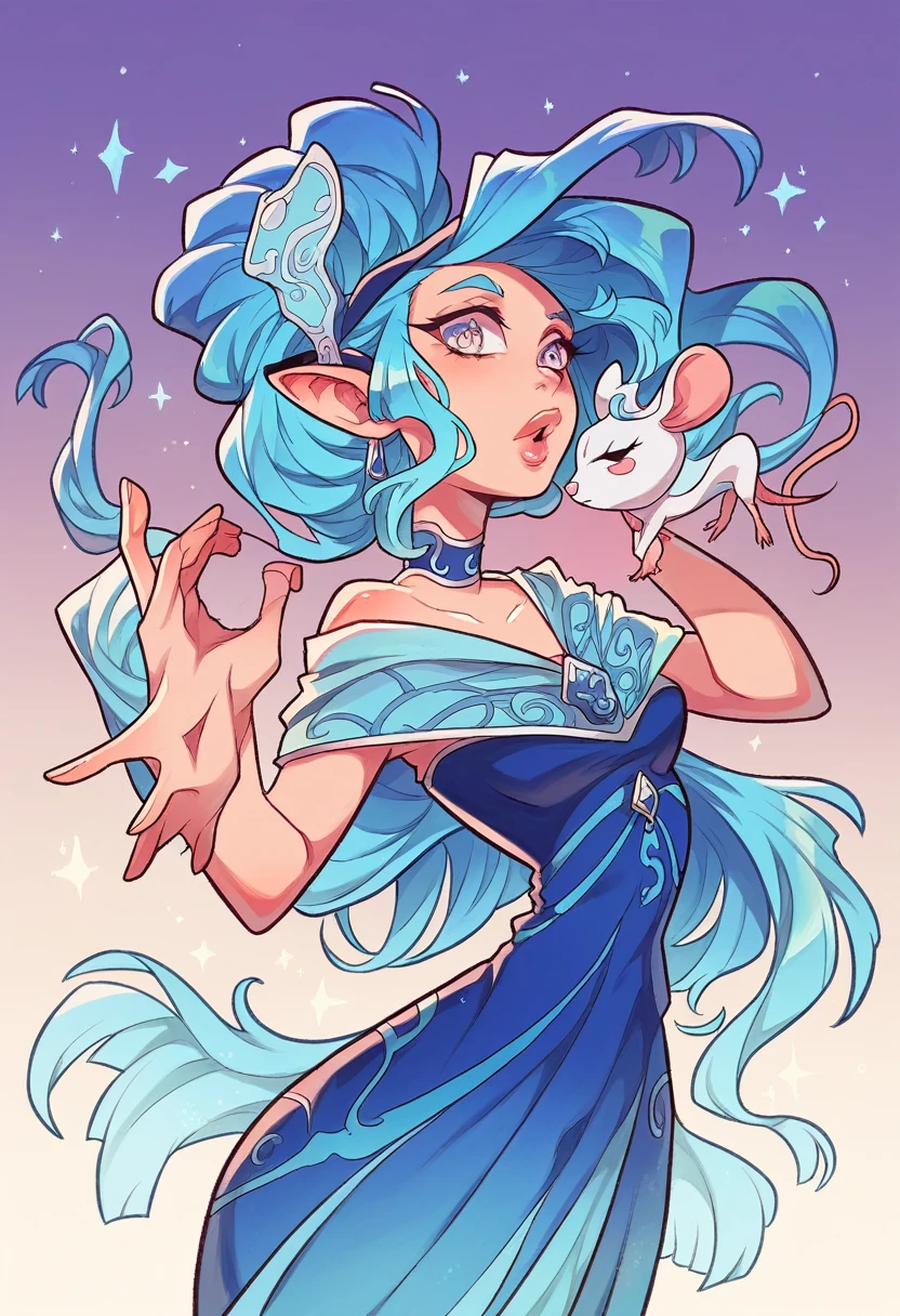a girl with a mouse mask,long flowing blue hair,a long blue dress,beautiful detailed eyes,beautiful detailed lips,extremely detailed face,longeyelashes,masterpiece,fantasy,hyper realistic,digital art,cinematic lighting,vibrant colors,detailed environment,intricate details,whimsical,dreamlike