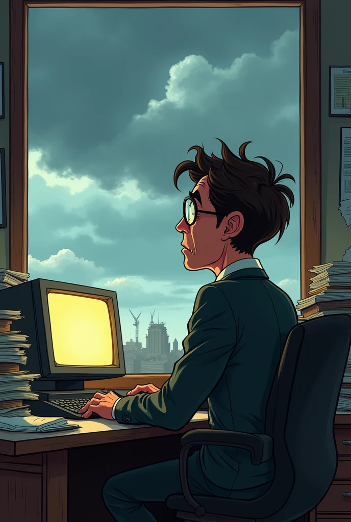 Page 15:

Prompt:

Create a 2D cartoon-style illustration of adult Artur as a sad and distant accountant, sitting at a cluttered desk with a dreary sky outside the window. The scene should convey dissatisfaction and resignation.

Scene Description:

Angle and Perspective:

Use a frontal view to capture Artur’s sad expression and the cluttered desk.
Setting:

An office space with a cluttered desk, scattered papers, and a dreary sky visible through a window.
Character:

Adult Artur: Dressed in a suit, seated at a cluttered desk with a sad, distant look.
Background Details:

Office Desk: Papers, a computer, and office supplies. The window shows a cloudy, overcast sky.
Action:

Artur is seated at his desk, looking out the window with a melancholic expression, reflecting dissatisfaction with his current life.
