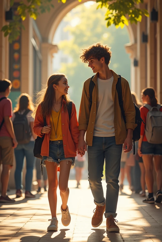 An adult boy and a adult cute girl walking in the hallway towards their classroom in college