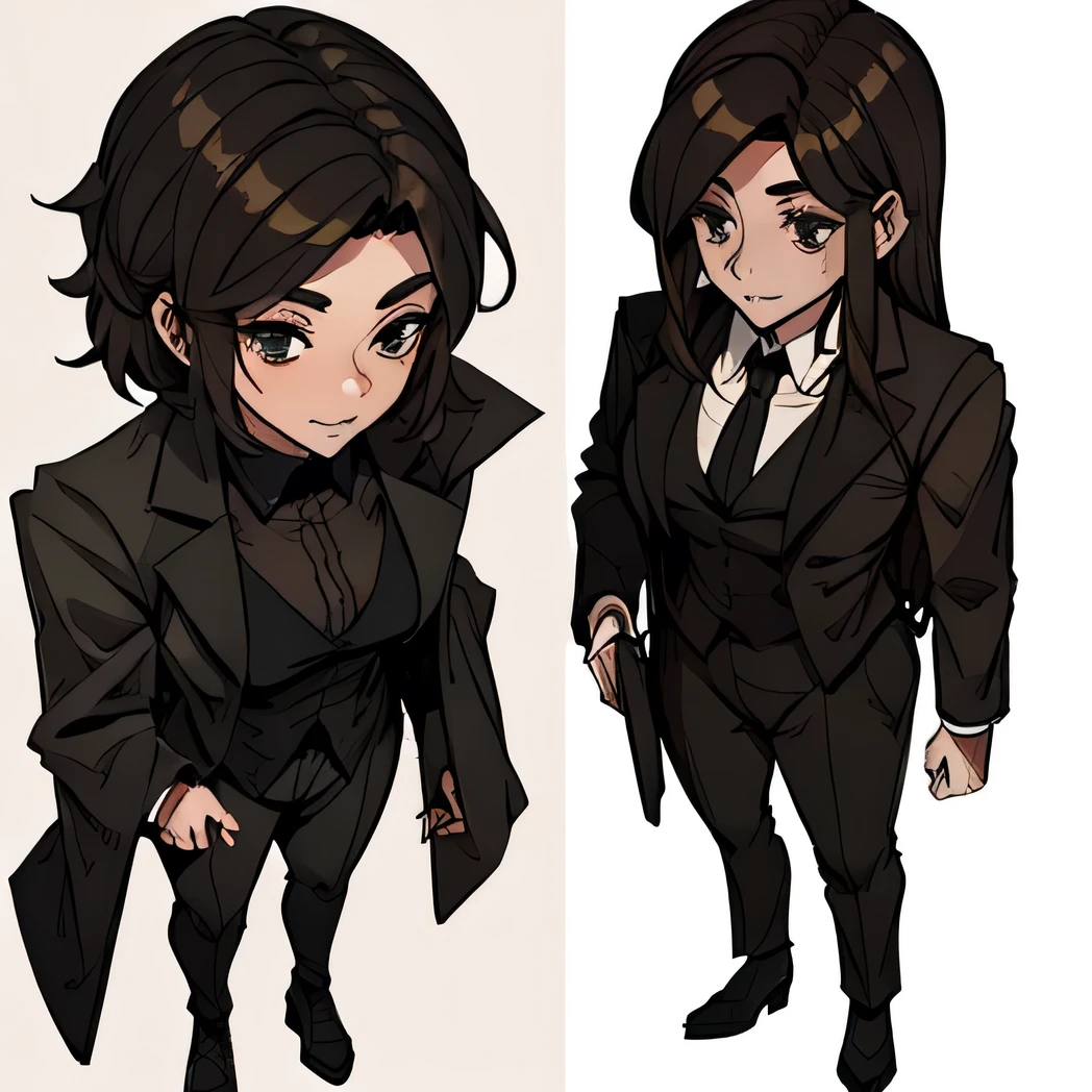 40 year old brunette woman in a full-body black banker suit character