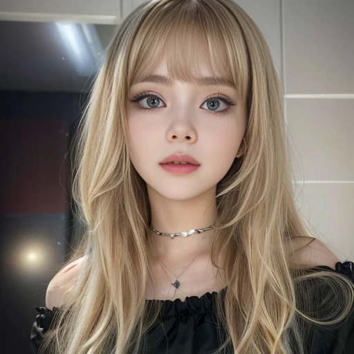 a close up of a woman with long blonde hair wearing a black dress, lalisa manobal, 19-year-old girl, belle delphine, 18 years old, , portrait of kim petras, she is about 2 0 years old, she is about 20 years old, blonde hair and large eyes, cute Bangs, Bangs