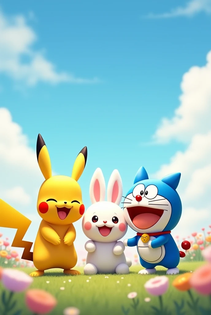 A cute and heartwarming scene where Pikachu from Pokémon, Snowball from The Secret Life of Pets, and Doraemon are smiling and having fun together. Pikachu is standing on the left, with Snowball in the middle and Doraemon on the right. They are surrounded by a bright and cheerful background, filled with soft, colorful flowers and a warm, sunny sky. Each character has a joyful expression, and they are all posing closely as friends, capturing the moment of happiness."