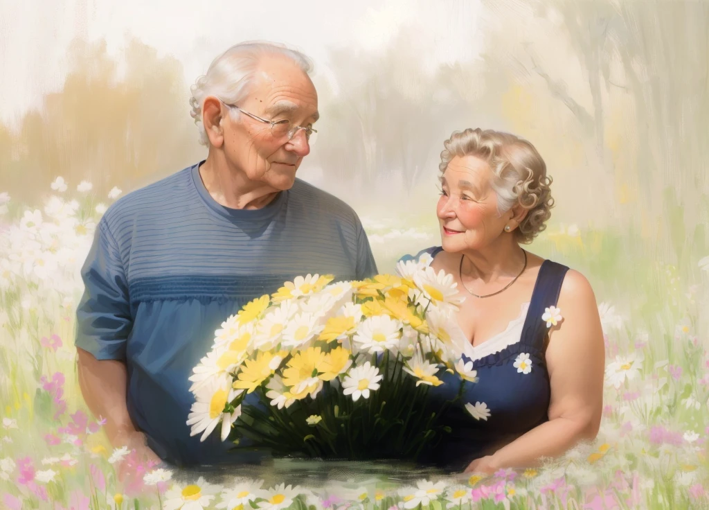 Grandma with short curls and grandpa stand looking at each other , holding daisies in their hands