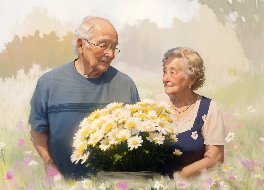 Grandma with short curls and grandpa stand looking at each other , holding daisies in their hands