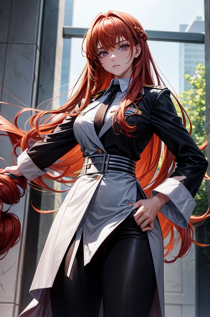 woman in her twenties of average build, and marginally above average height. She has long light red/pale auburn hair, normally kept in a loose braid with bangs reaching just past her eyebrows and two longer side bangs that frame her face. Her eyes are yellow with multiple red rings within them, making them the only visible sign of her inhuman nature.She has long light red/pale auburn hair, normally kept in a loose braid with bangs reaching just past her eyebrows and two longer side bangs that frame her face. Her eyes are yellow with multiple red rings within them, making them the only visible sign of her inhuman nature.Her usual Public Safety uniform consists of a white long-sleeved shirt, a black tie, black pants and brown shoes. During the Eternity Devil Arc. She commonly wore what seems to be a black blazer still showing part of her uniform showing mostly the tie and nothing else. She is with serious gaze, and she is absolutely naked.