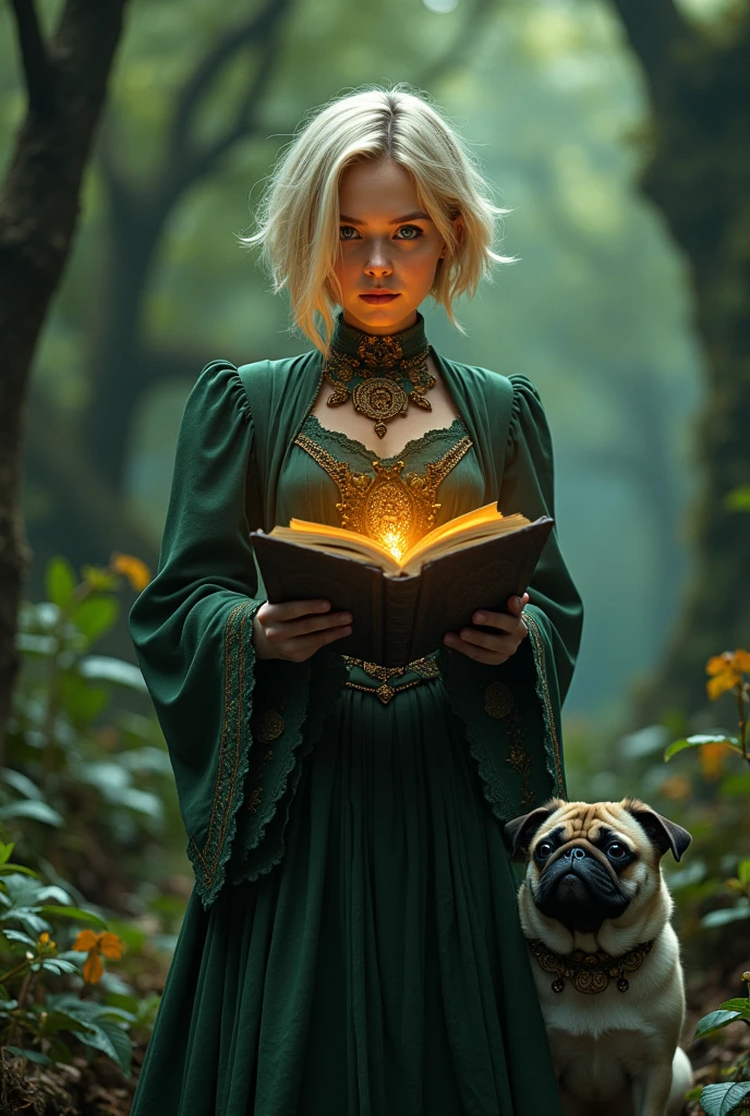 a beautiful young witch with short blonde hair, holding a mystical book, accompanied by her adorable pug companion, intricate detailed portrait, cinematic lighting, fantasy art, rich colors, dramatic, 8k, photorealistic
