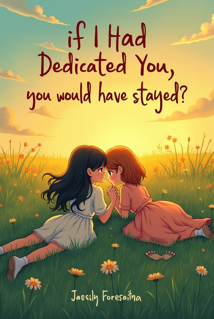 A book cover that reads "If I Had Dedicated You", You Would Have Stayed?" with a sad footprint and two adult girls together romance lying on the grass with the letters on top 4:7
