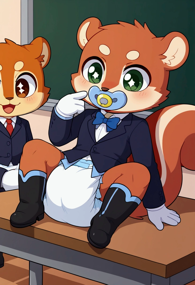 boy, squirrel, furry, bodyfur, tail, blazer, bottomless, gloves, boots, chibi, sparkling eyes, happy, full body, classroom, spread legs, sitting, on table, legs up, blush, diaper, pacifier