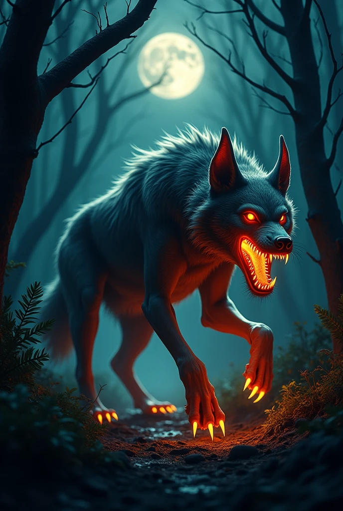 Wolf-like creature with powerful jaws and claws, exuding orange bioluminescent poison. strong claws. weird shaped mouth, alien antennas coming from his head
