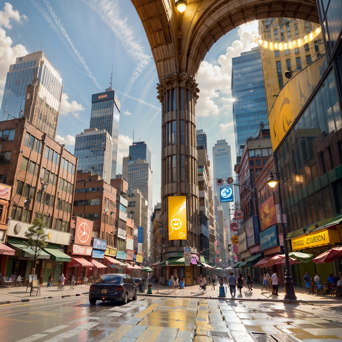 futuristic technology, in a cityscape filled with towering skyscrapers and neon lights, capturing the essence of a modern and technologically advanced world, with a touch of fantasy and magic, bathed in warm golden tones, highlighting the beauty of the scene, brought to life with dynamic lighting, and bringing out the intricate details and textures of the artwork, evoking a sense of awe and admiration, (wide angle)