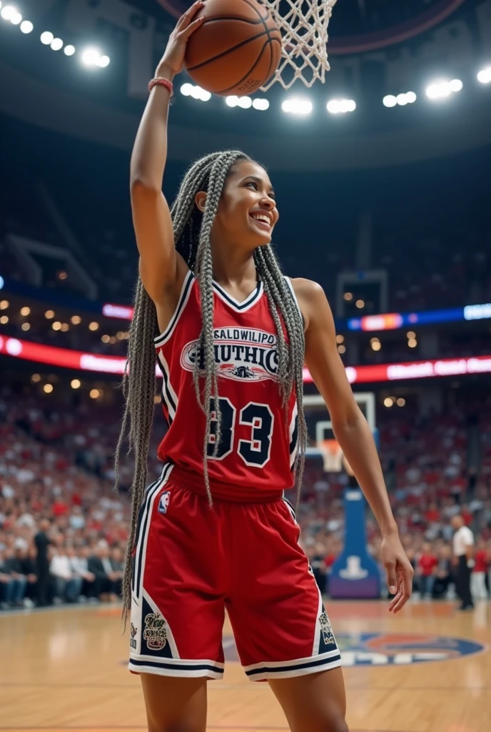 A beautiful youthful looking
American version of Ariana Grande as a 50 years old woman with very long hair completely gray hair in a dutch braids as a retired
NBA player wearing her old NBA jersey shooting the ball in the basket in a nba stadium she is smiling for the camera