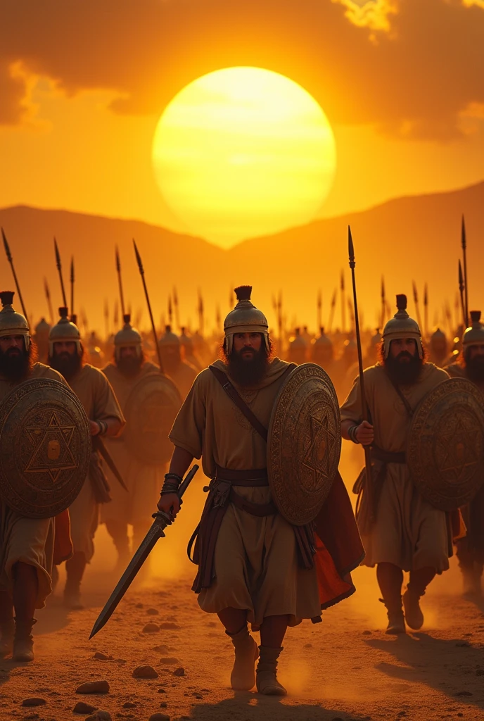 Create a scene where the bright sun is stationary in the middle of the sky, Illuminating the battlefield. The ancient Israelite army with swords and shields is advancing with force, and there's a sense of frozen motion, as if time stood still."