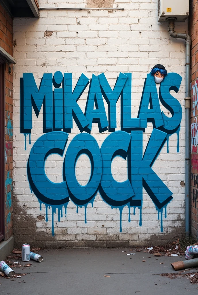 “MIKAYLA’S COCK” written on a white brick wall with blue spray paint