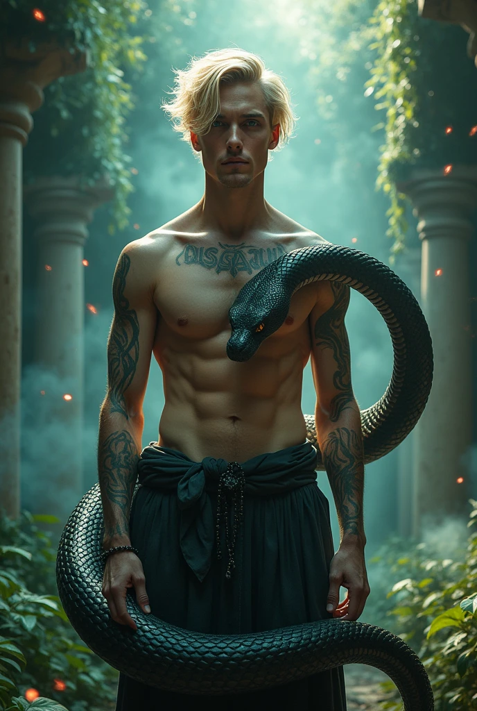 Mystical man style actor Neels Visser, snake deity with half man half snake body has no legs he has a giant black snake, cobra from the waist down, 25 years old blonde short to medium hair parted in the middle