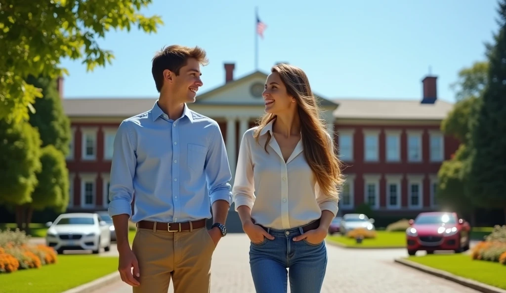 A sunny day at a prestigious private high school in an affluent American suburb. Ethan, a teenage boy with a clean-cut appearance, wearing a preppy outfit—khaki pants, a button-up shirt, and a designer watch—stands next to Olivia, a girl with an approachable, down-to-earth style, in jeans and a simple blouse. They are talking and laughing in front of a large, elegant school building with manicured lawns and a row of expensive cars parked nearby.