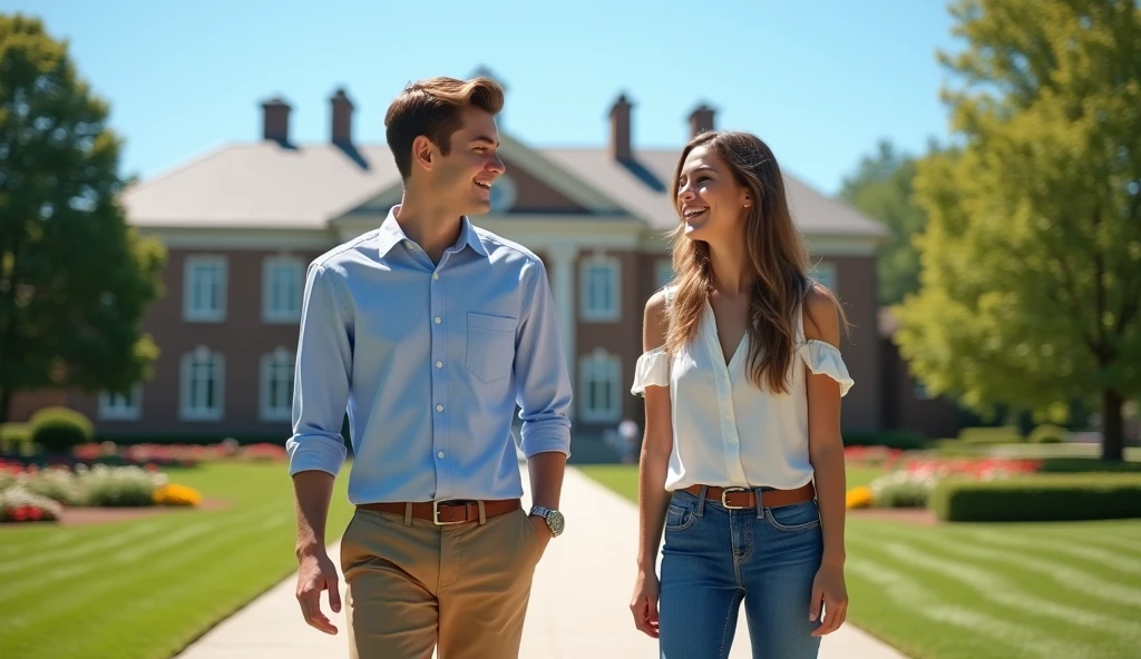 A sunny day at a prestigious private high school in an affluent American suburb. Ethan, a  boy with a clean-cut appearance, wearing a preppy outfit—khaki pants, a button-up shirt, and a designer watch—stands next to Olivia, a girl with an approachable, down-to-earth style, in jeans and a simple blouse. They are talking and laughing in front of a large, elegant school building with manicured lawns and a row of expensive cars parked nearby.