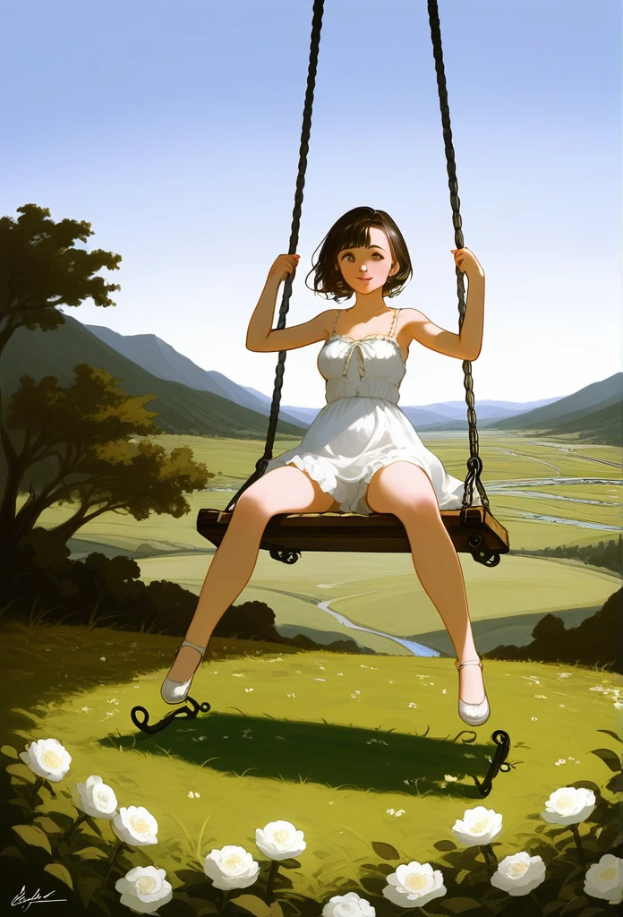 Create a cover of a landscape with a woman sitting on a swing