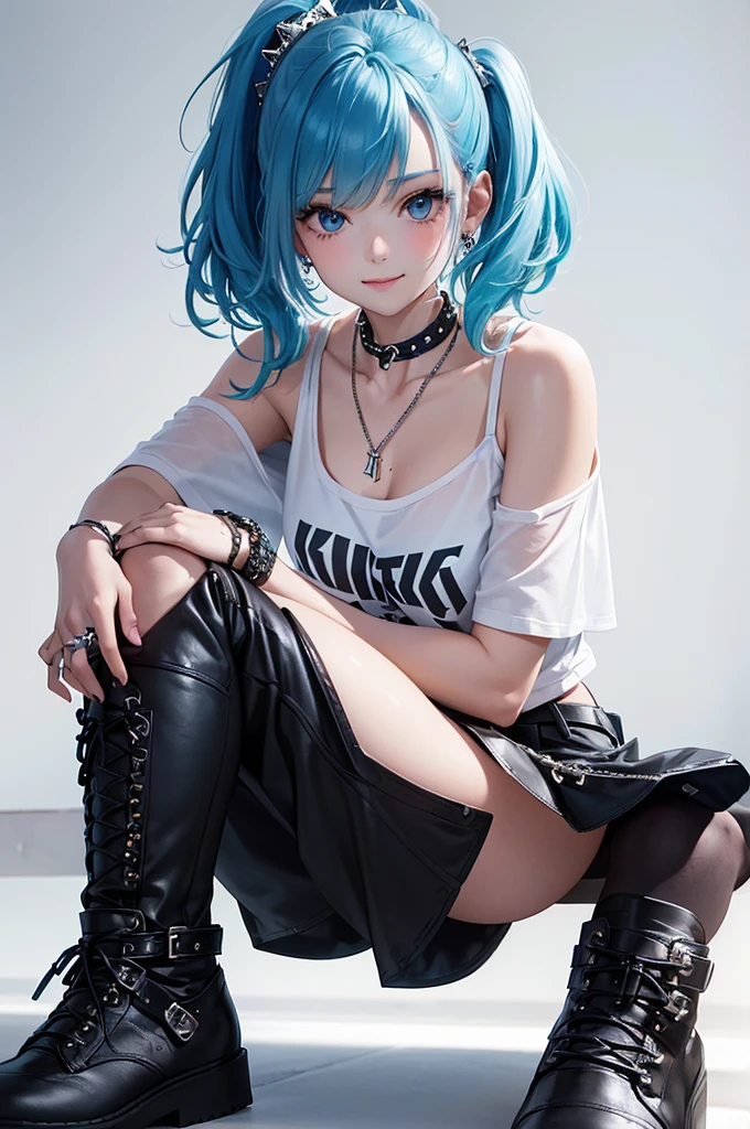Best Quality,High resolution,8k,(plain white background, no patterns, no textures, just a plain white background:1.3),Masterpiece:1.2),beautiful girl,Shiny light blue hair,messy hair,Beautiful light blue eyes,A teenage girl in a vibrant, oversized graphic tee or tank top featuring a bold cross design with punk rock elements, such as chains or studs. She is wearing high-waisted, slightly oversized long pants in a bright color or with a punk-inspired pattern, like plaid. Footwear includes chunky combat boots or high-top sneakers with metal accents. Accessories include a studded belt, a cross pendant necklace, and spiked bracelets,Gentle look,A refreshing look,smile,Best quality,Best Quality,Aesthetic and aesthetic:1.2,Best details((Super detailed))(High-definition CG illustrations),Slender body,smile,blush,cute,Scrounge,Looking up,Being spoiled,super model