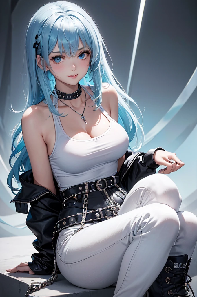 Best Quality,High resolution,8k,(plain white background, no patterns, no textures, just a plain white background:1.3),Masterpiece:1.2),beautiful girl,Shiny light blue hair,messy hair,Beautiful light blue eyes,A age girl in a vibrant, oversized graphic tee or tank top featuring a bold cross design with punk rock elements, such as chains or studs. She is wearing high-waisted, slightly oversized long pants in a bright color or with a punk-inspired pattern, like plaid. Footwear includes chunky combat boots or high-top sneakers with metal accents. Accessories include a studded belt, a cross pendant necklace, and spiked bracelets,Gentle look,A refreshing look,smile,Best quality,Best Quality,Aesthetic and aesthetic:1.2,Best details((Super detailed))(High-definition CG illustrations),Slender body,smile,blush,cute,Scrounge,Looking up,Being spoiled,super model