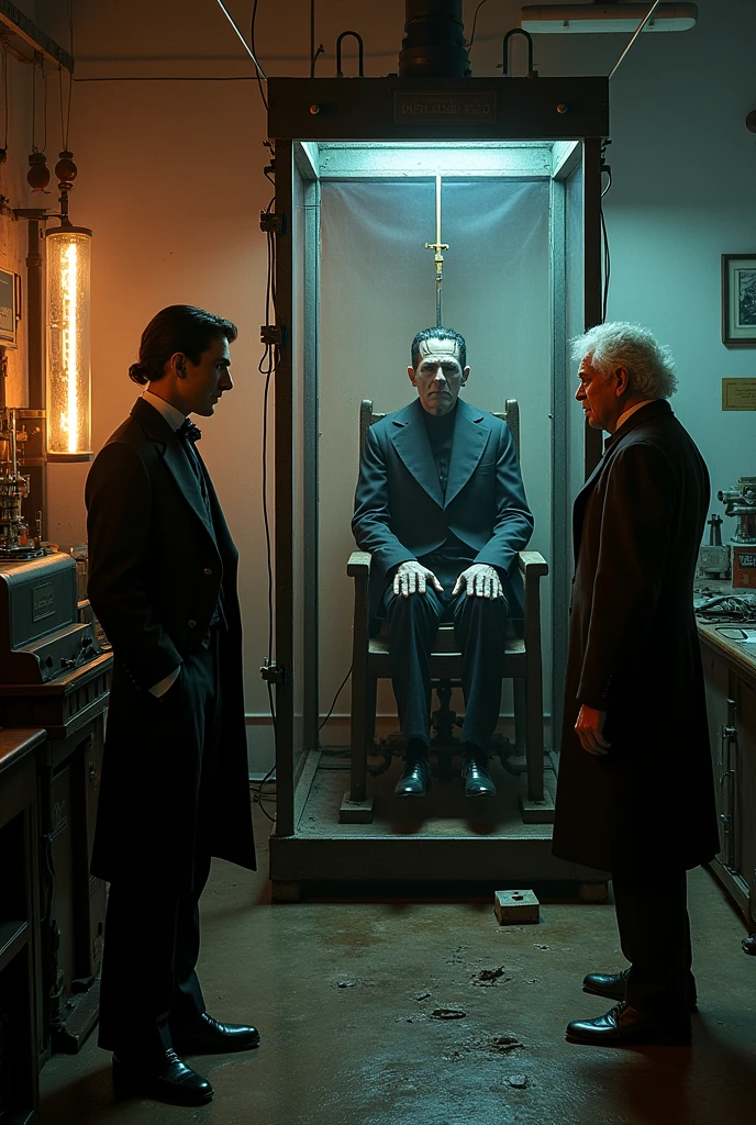Make an image with 3 characters
1 Nikola tesla
2 Michael Faraday (with white hair)
3 Frankenstein
The setting is the laboratory and Frankenstein is inside a cage (Written by Faraday) and stuck in an electric chair 