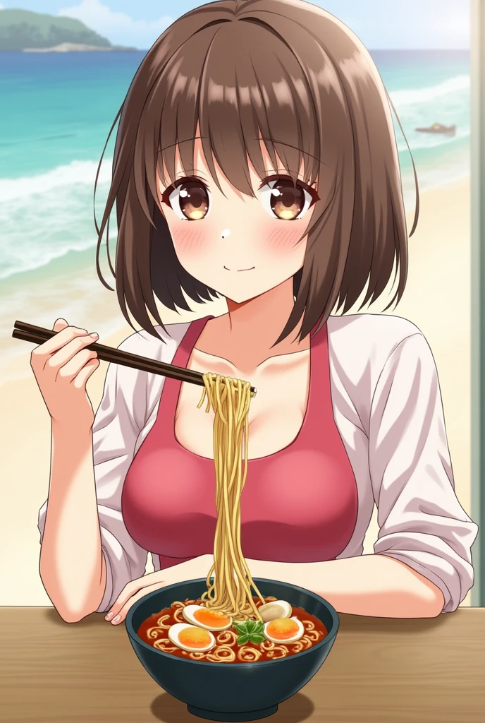 Highest quality、High resolution、Detailed Background、(Beautiful face in every detail:1.4)、10-year-old anime girls、Anatomically correct、Normal number of fingers、Detailed eyes、Highly detailed face、(Huge breasts:1.2)、Perfect body line、Brown Hair、Bobcut、well-groomed eyebrows、Beach House、
(A beautiful girl eating ramen with gusto.:1.5)、very beautiful