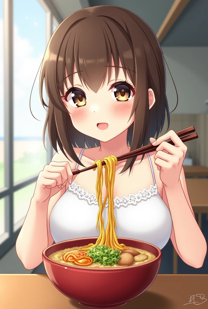 Highest quality、High resolution、Detailed Background、(Beautiful face in every detail:1.4)、10-year-old anime girls、Anatomically correct、Normal number of fingers、Detailed eyes、Highly detailed face、(Huge breasts:1.2)、Perfect body line、Brown Hair、Bobcut、well-groomed eyebrows、Beach House、
(A beautiful girl eating ramen with gusto.:1.5)、very beautiful