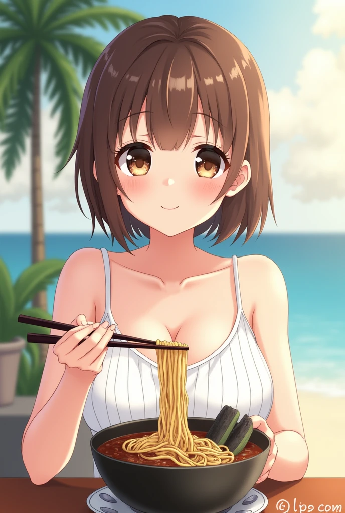 Highest quality、High resolution、Detailed Background、(Beautiful face in every detail:1.4)、10-year-old anime girls、Anatomically correct、Normal number of fingers、Detailed eyes、Highly detailed face、(Huge breasts:1.2)、Perfect body line、Brown Hair、Bobcut、well-groomed eyebrows、Beach House、
(A beautiful girl eating ramen with gusto.:1.5)、very beautiful
