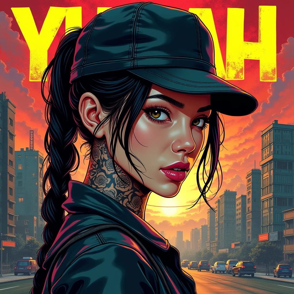 Asian Girl Rapper, super pretty, face_tattoos, side view, action, cartoon, Album cover, "YUBAH", Letters say YUBAH, Album Cover, dark, sturmhaube, comic style, gangster, tech wear outfit, dynamic