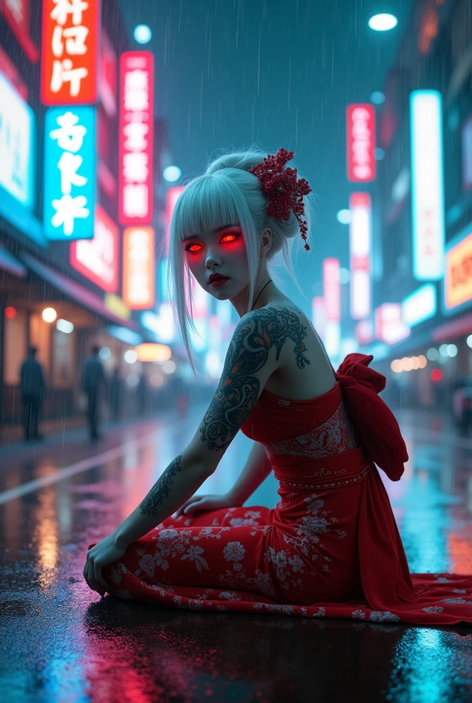 geisha. white hair. eerie glowing red eyes. Cyberpunk Background. on his knees. Raby. wet. tattooed